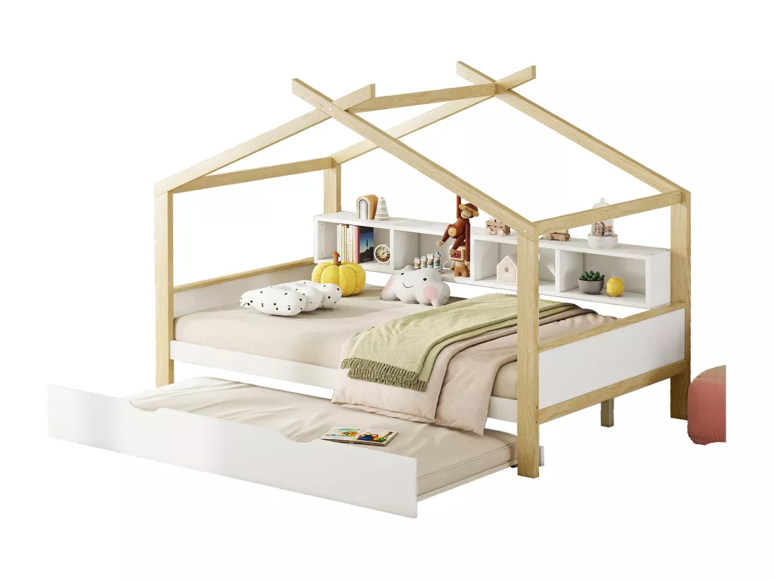 Blanc 140 * 200cm lit familial, lit d'enfant, avec lit gigogne, quatre treillis de rangement