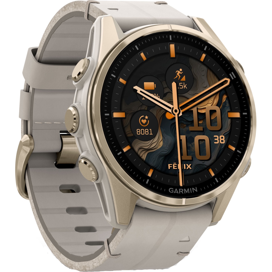 Garmin Fenix 8 - 43mm AMOLED Sapphire Softgold / Leder Kalkstein