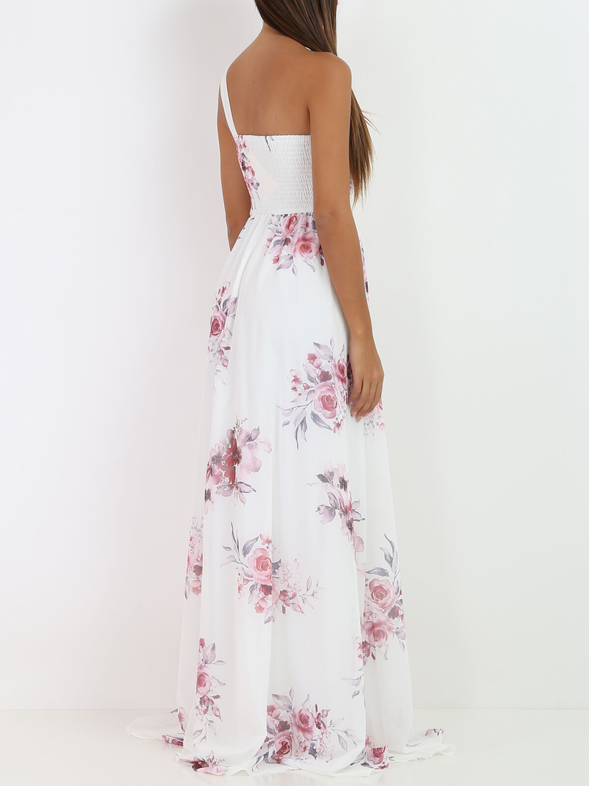 Robe longue asymétrique à fleurs- Blanc