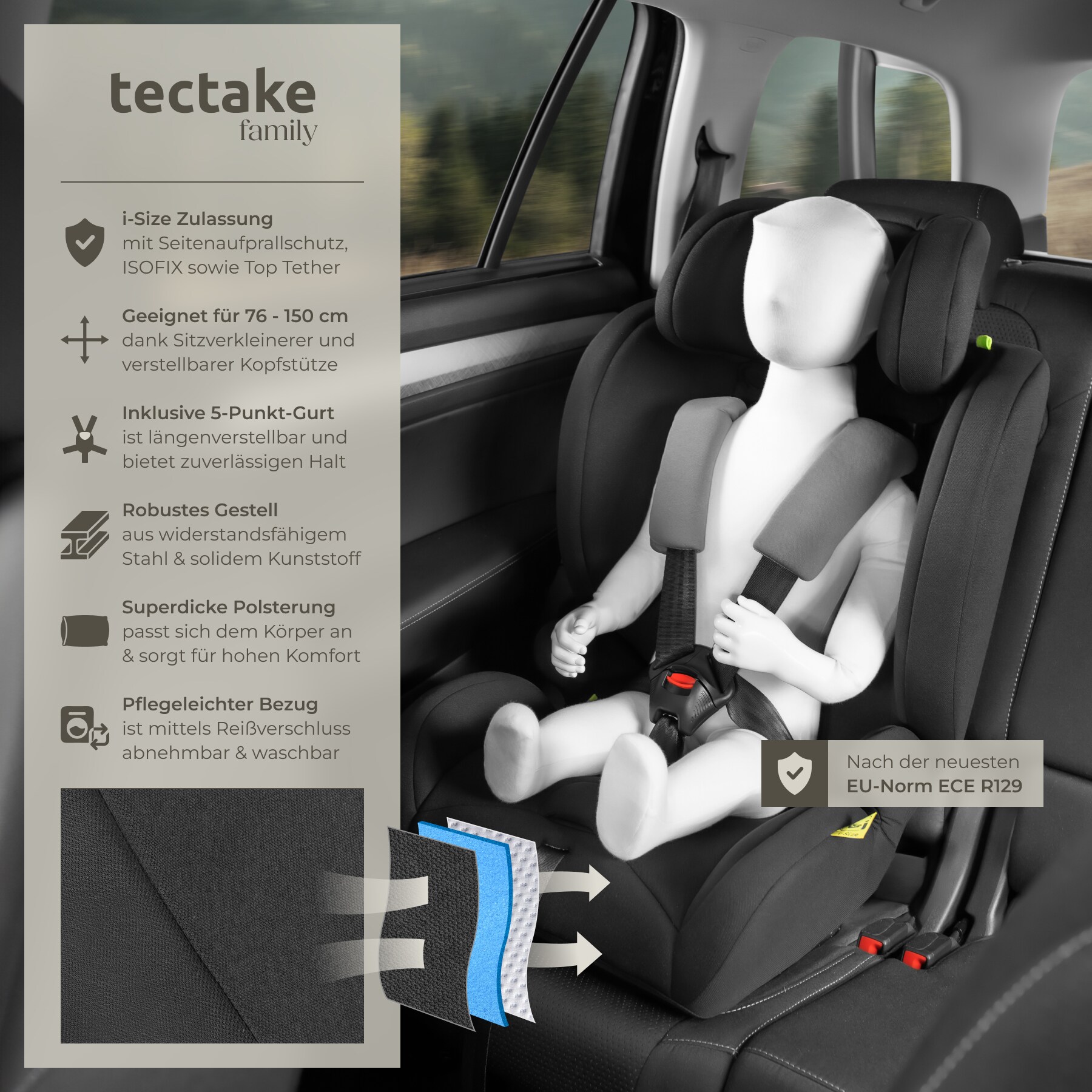 tectake® Autositz, i-Size Zulassung, ISOFIX-Installation und Top Tether, mit Seitenaufprallschutz, längenverstellbarer 5-Punkt-Gurt, 8-fach höhenverstellbare Kopfstütze, ab 15 Monaten von 76 bis 150 cm, Belastbarkeit 36 kg