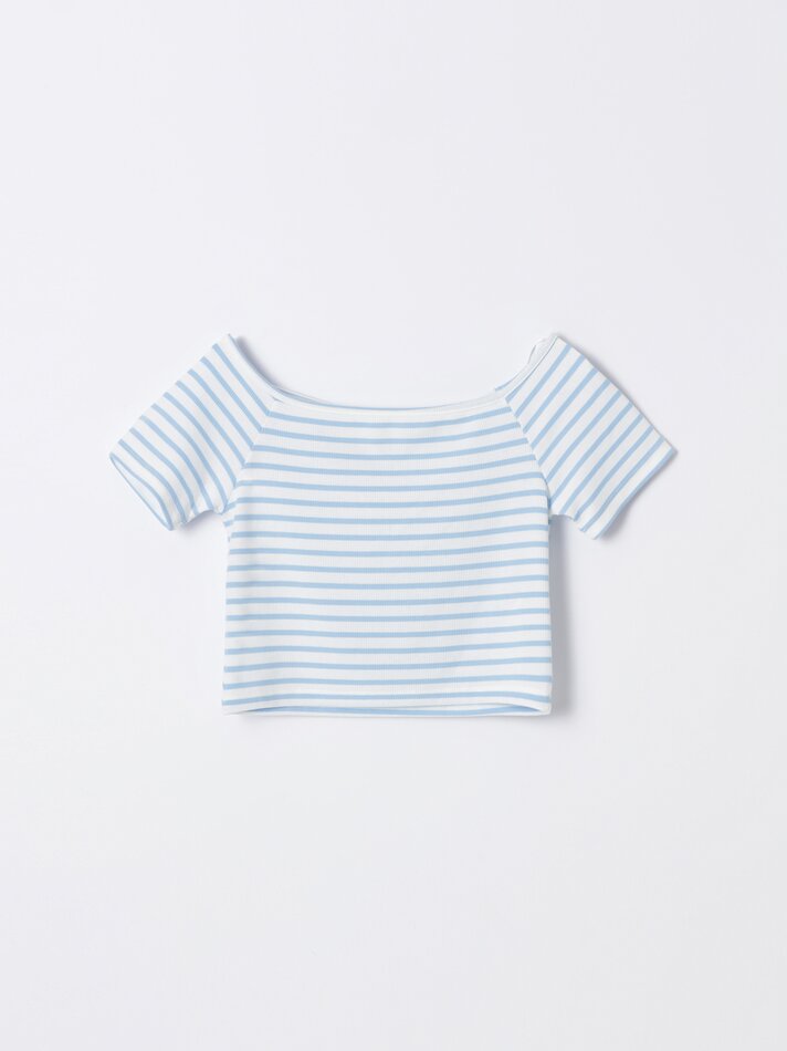Blusa listrada com ombros à mostra - Branca/turquesa
