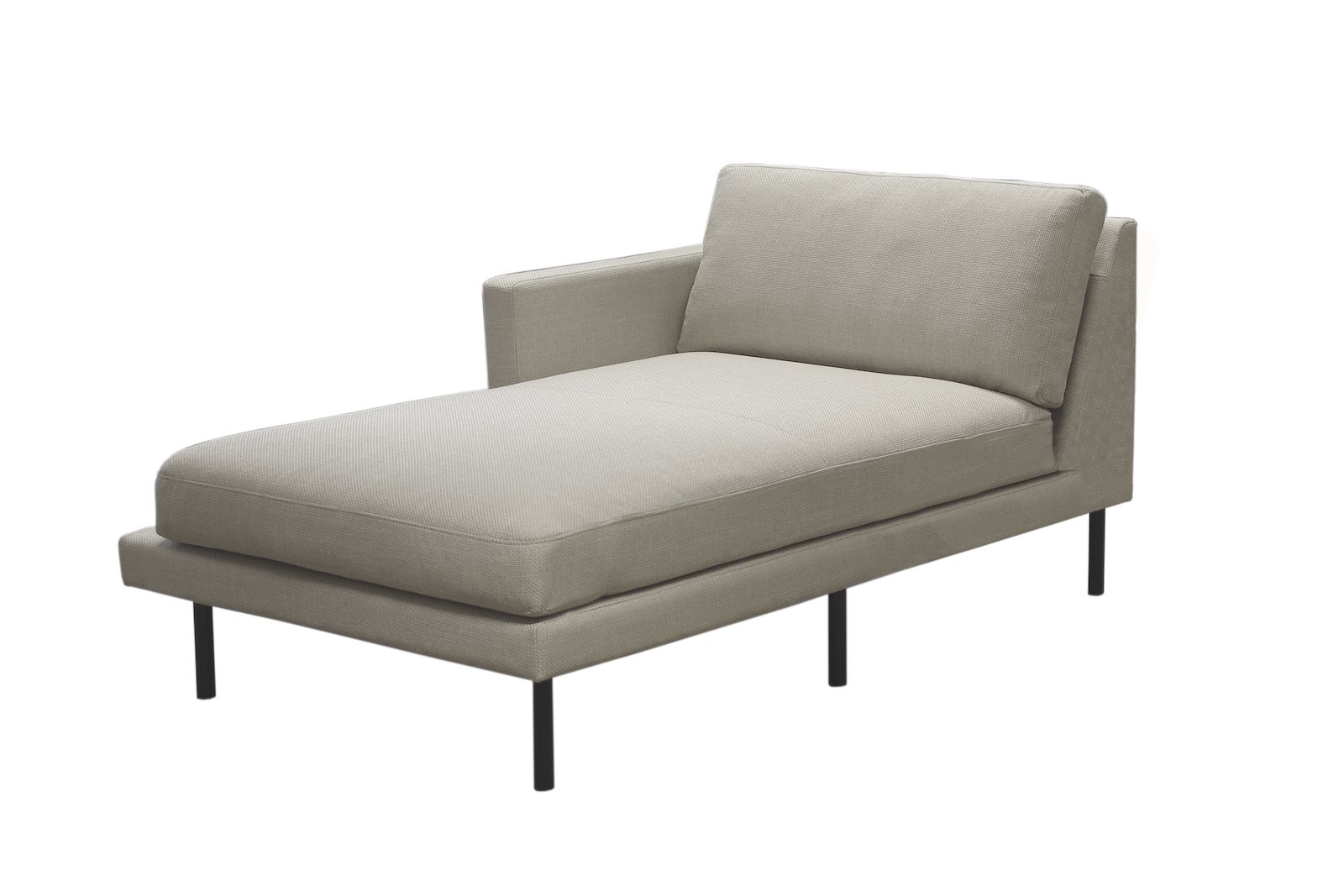 Newport sjeselong arm venstre Tekstil Mia beige med sorte stålben. Tekstiltrukket side høyre