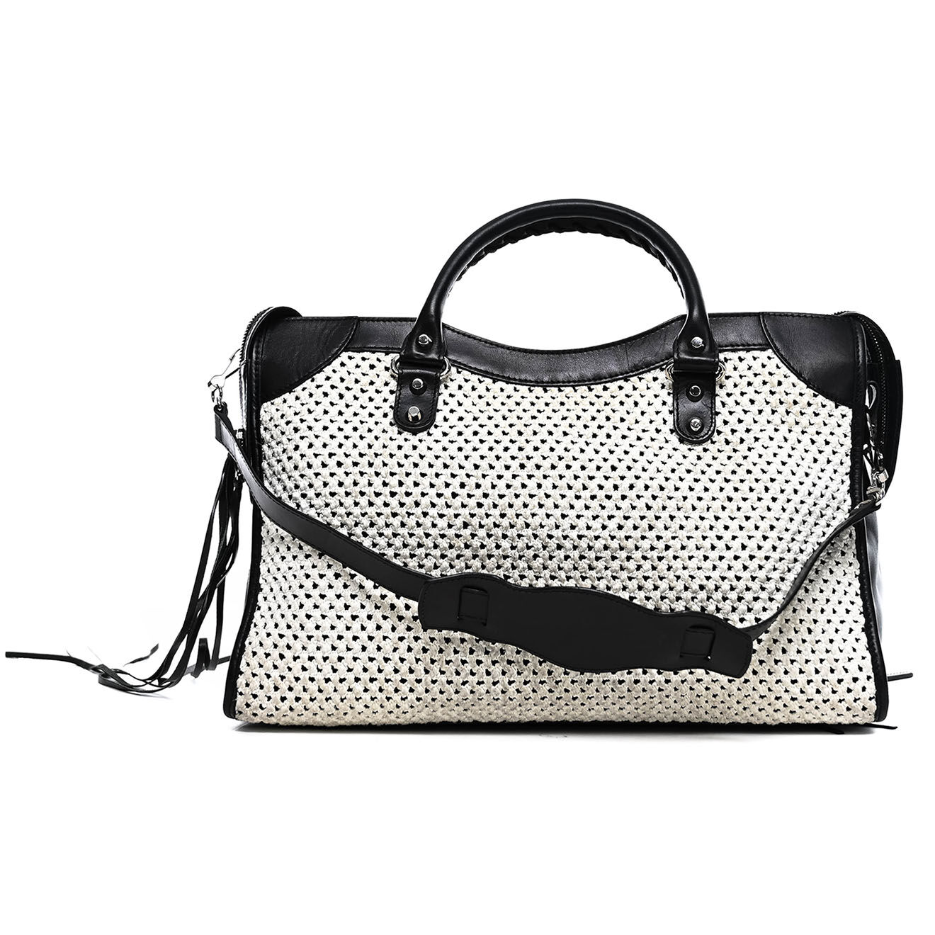 Balenciaga Sac bandoulière City en Cuir et Raphia beige - Très bon état - L.38 cm