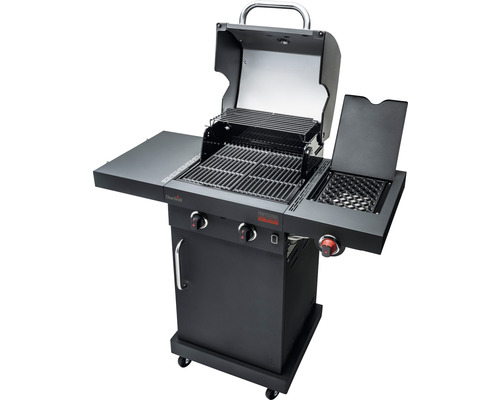 Char-Broil Professional Power Edition gasbarbecue met 2 branders, matzwart, inclusief opbergplank, dekselthermometer, geëmailleerde gietijzeren planchaplaat, vetopvangbak, grillrooster, uitklapbare zijtafel, zijplank, warmhoudrek.