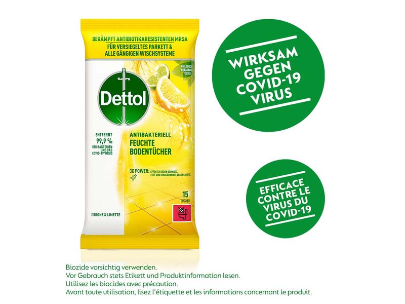 Dettol Feuchte Bodentücher Zitrone & Limette 15 Stück Feuchte Tücher zur Reinigung des Bodens