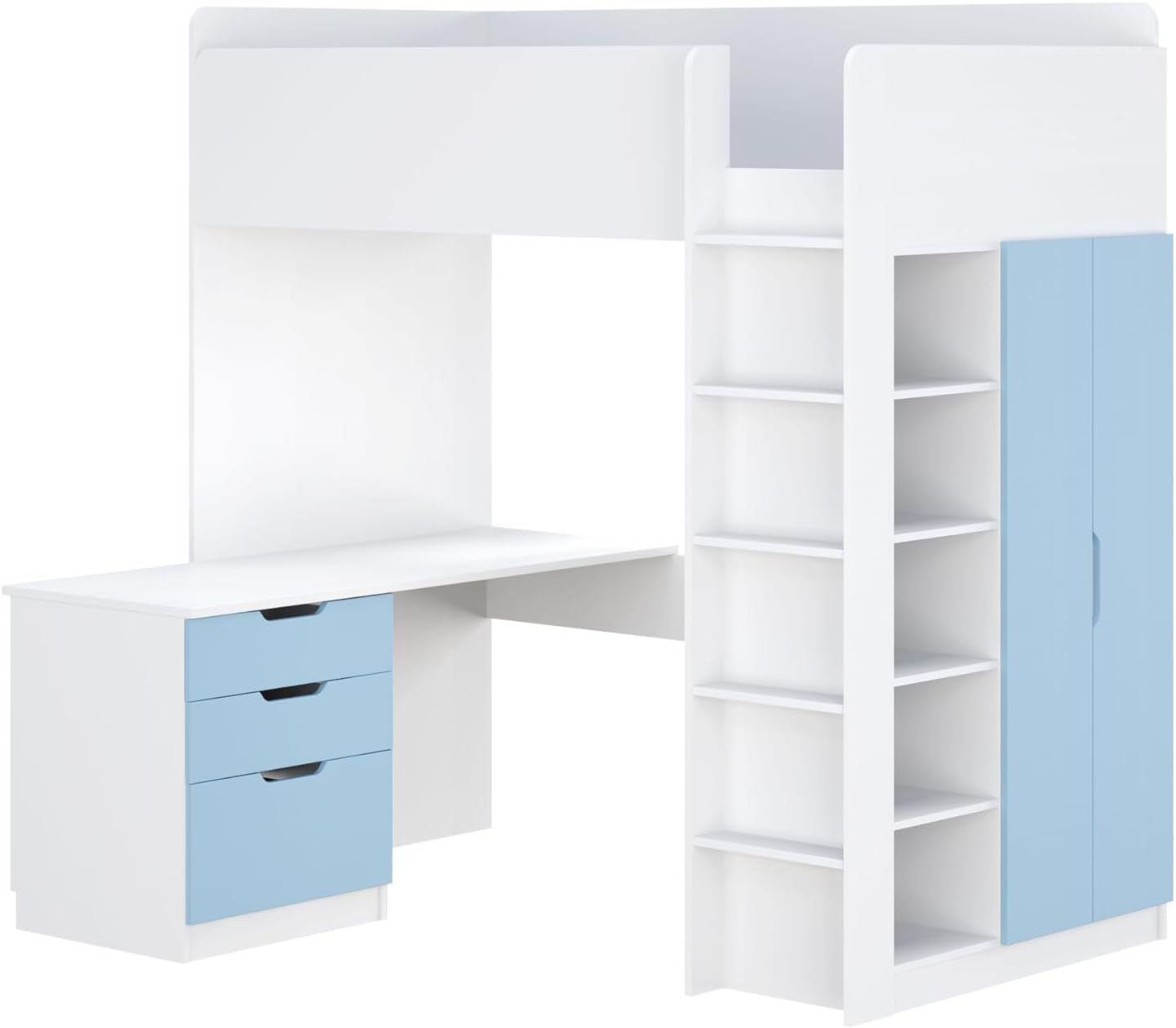 Shefa Kids Hochbett Mit Schreibtisch - Platzsparendes 5-in-1 Hochbett Kinder Mit Treppe, Kleiderschrank, Regal & Arbeitsbereich - Blau, Belastbar Bis 90 Kg, Maße: 206 x 107 cm