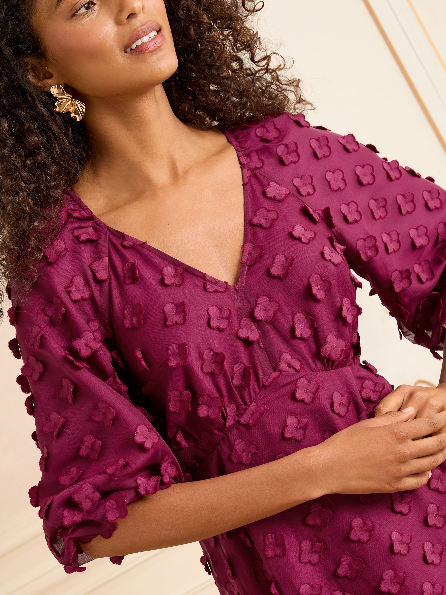 Rood - Love & Roses 3D Bloemen V-hals midi-jurk met pofmouwen