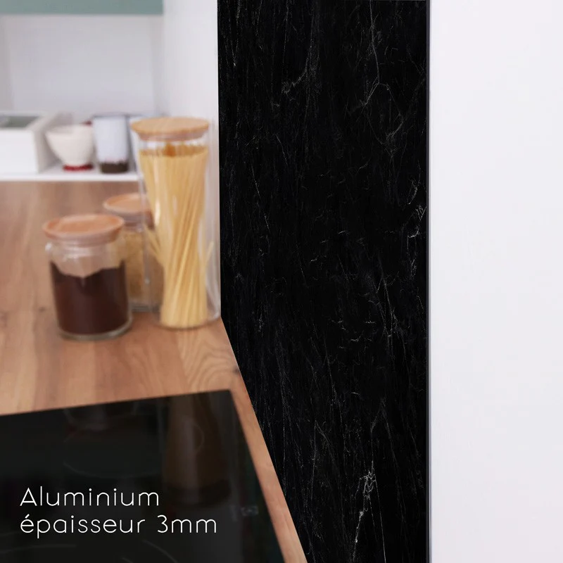 Crédence cuisine Fond de hotte ALU : L 90cm x H 70cm - MARBRE NOIR 99d