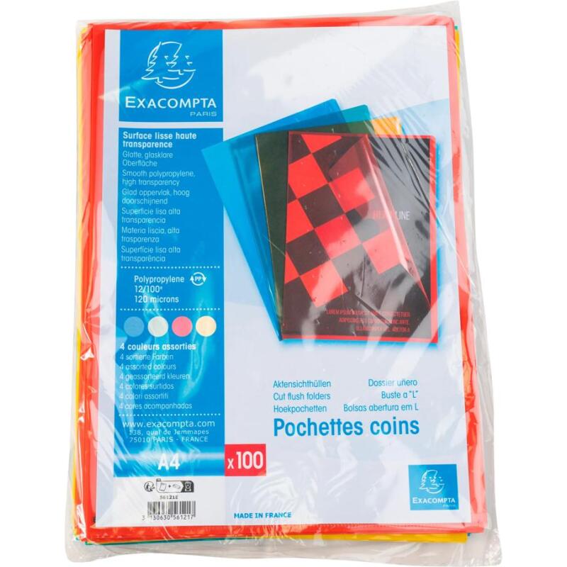 Sachet de 100 pochettes coin polypropylène lisse Premium - A4 - Couleurs assorties