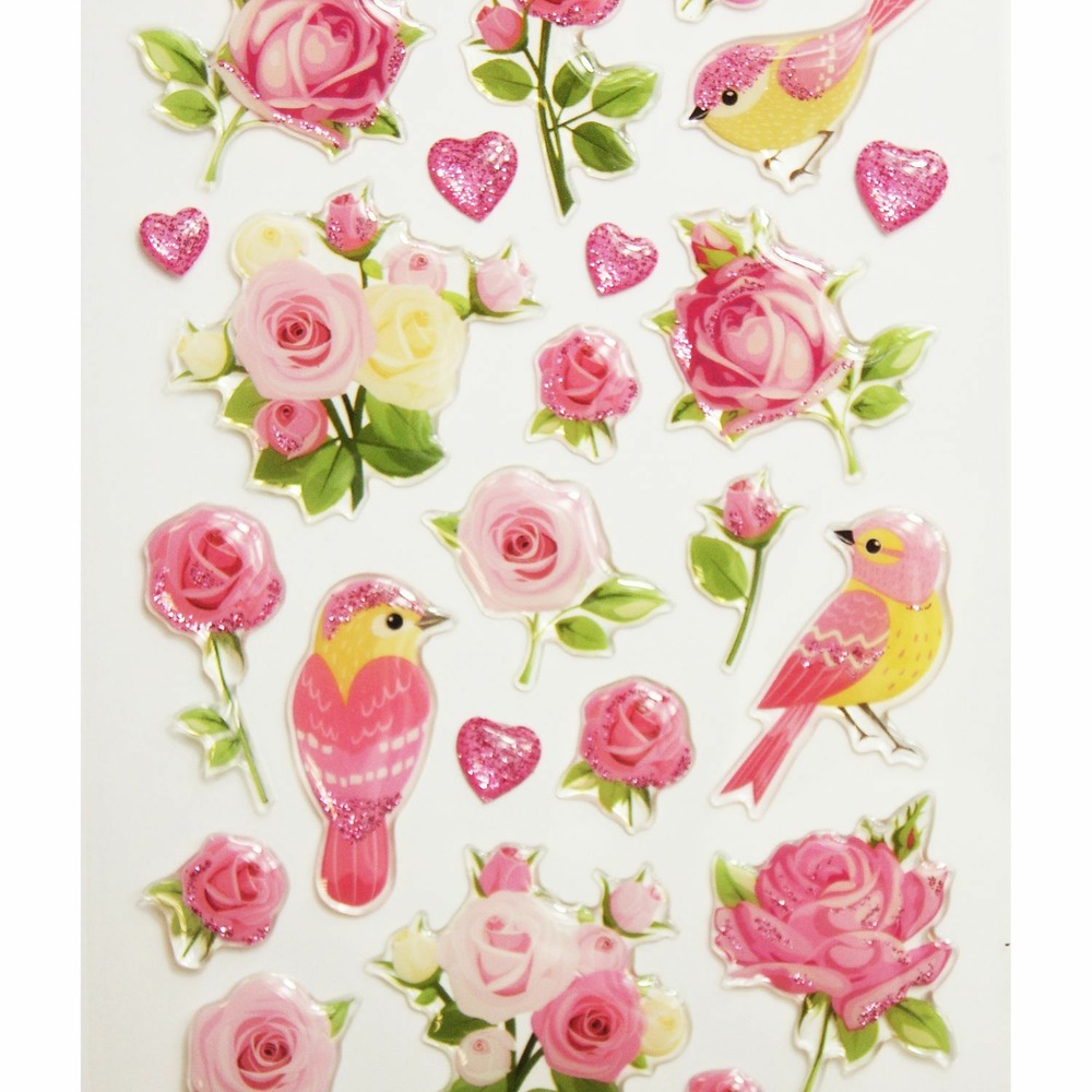 Autocollants - romance fleurs et oiseaux - paillettes - époxy