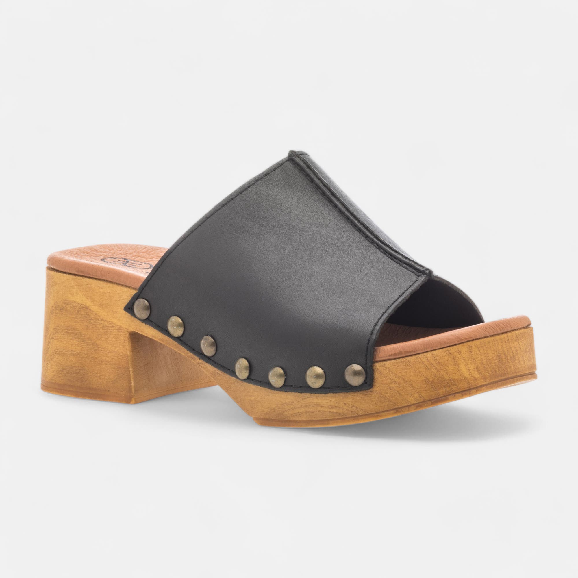 Chaussures semelle bois à talon Femme en cuir noir