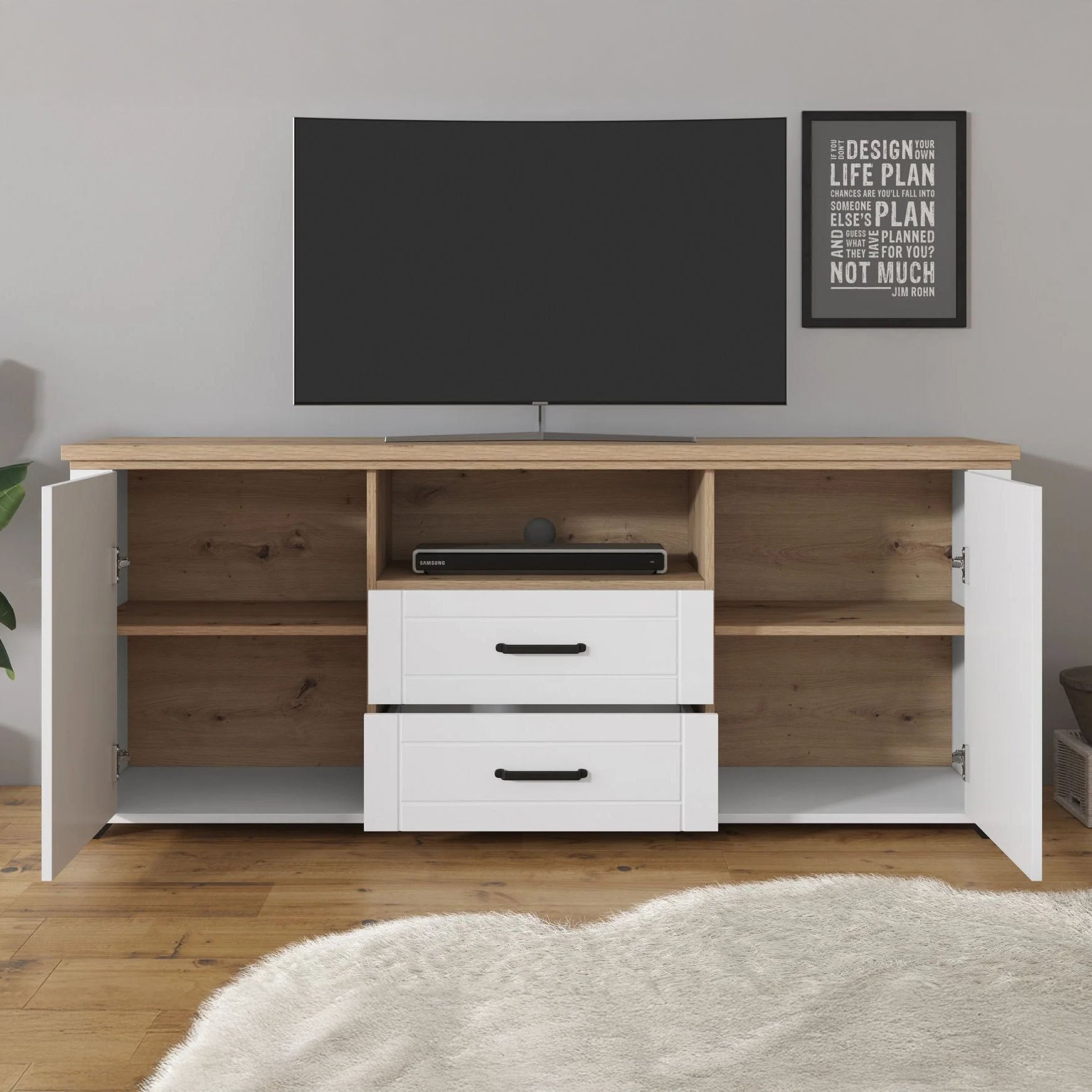 Meubella - TV-Meubel Vernon - Wit - Eiken - 161 cm