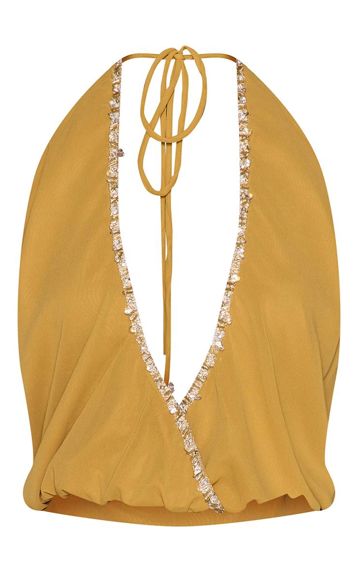 Jaune Top Col Bénitier Licou En Mousseline Avec Détails Perlés