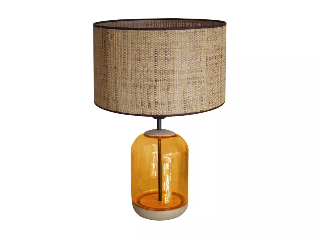 Lampe de chevet cylindre bois,verre,ambre,paille 53 cm.