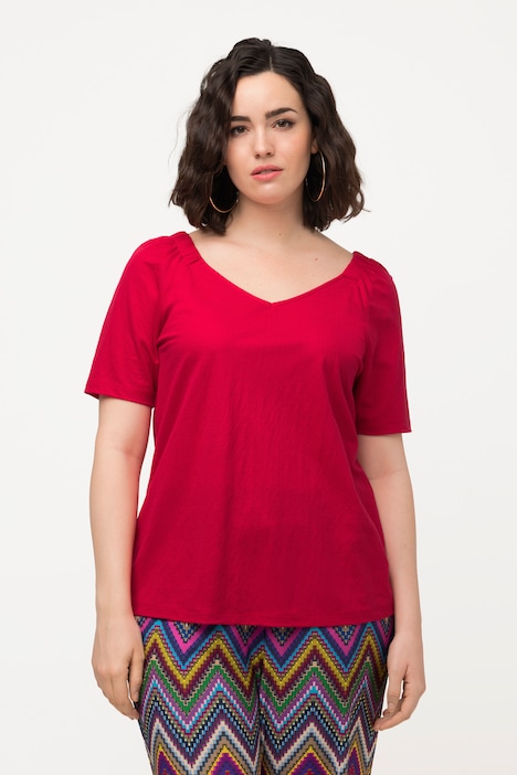 Shirtbluse, Kräuselungen, V-Ausschnitt, Halbarm