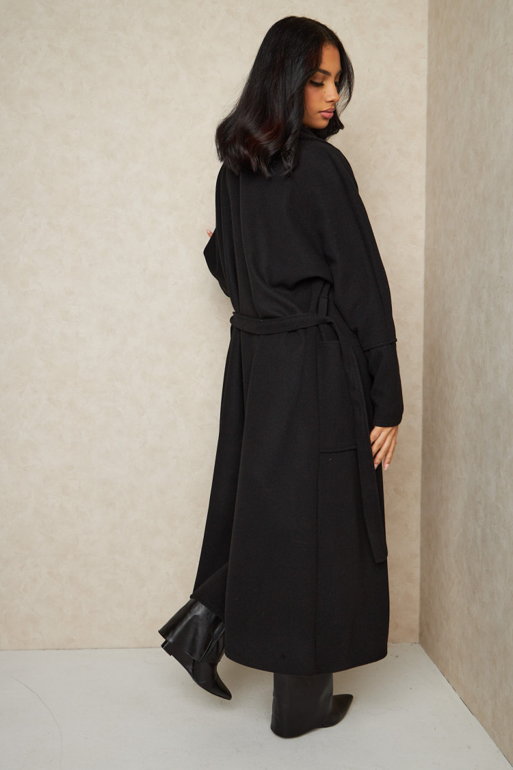 Veste longue ouverte texturée et ceinturée noir
