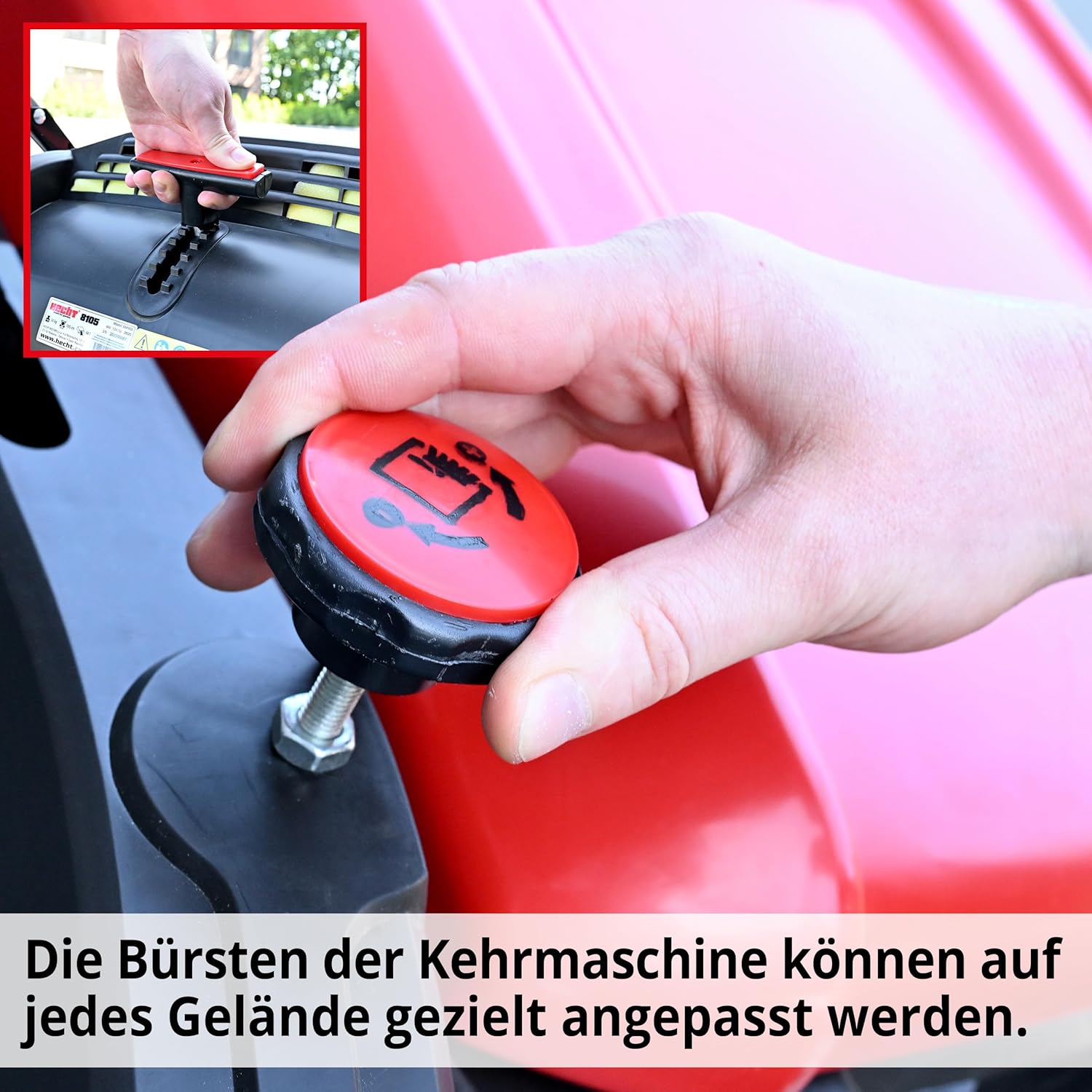 HECHT Kehrmaschine – 105 cm Arbeitsbreite – 350 mm Bürsten – 48 l Auffangbehälter – Kehrmaschine manuell – für große außen Flächen zum Laub, Schmutz & Kies beseitigen
