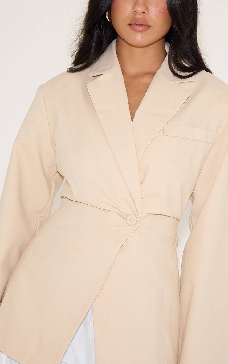 Beige Blazer Cintré Taille Ajustée Aspect Lin