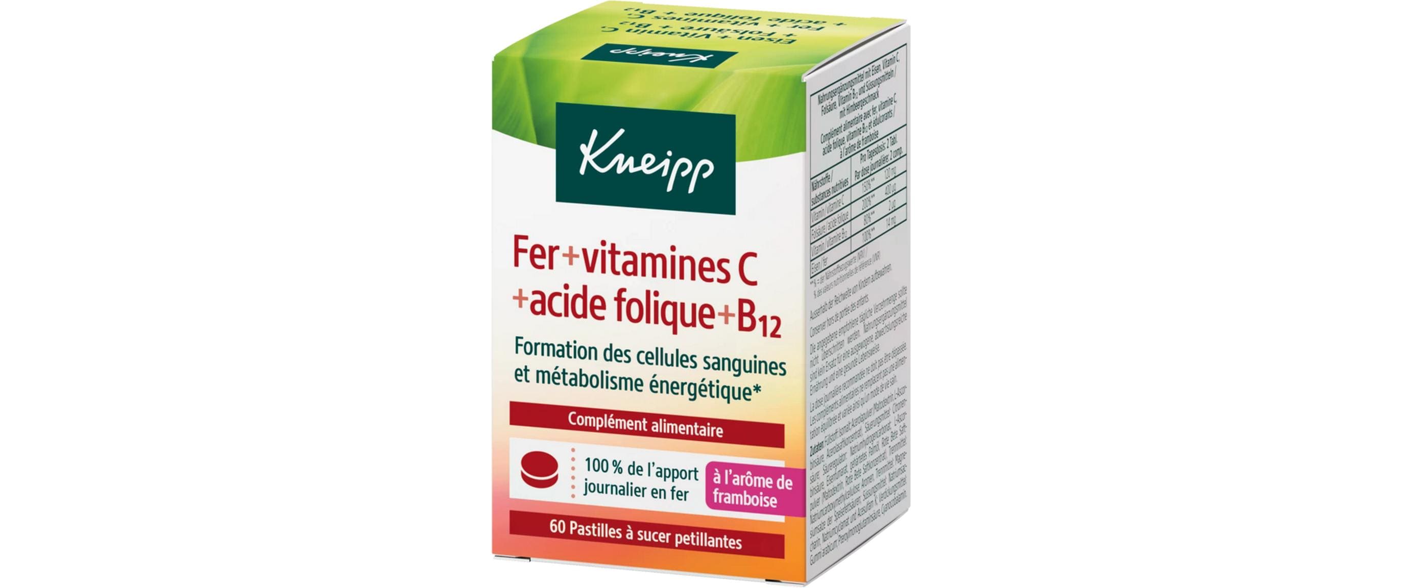 Tablette Eisen + Vitamin C, Folsäure und B12 60 StückVegane Nahrungsergänzung mit Eisen und Vitamin C