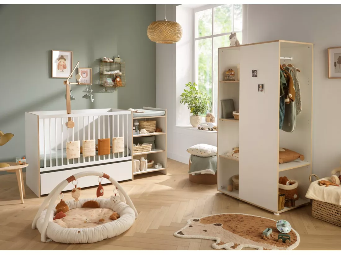 Meuble de rangement avec étagères et penderie en bois blanc et chant bois