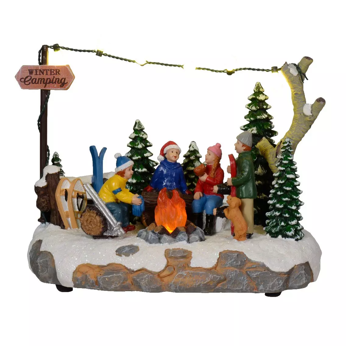 Scène de vie illuminée à piles Camping en hiver