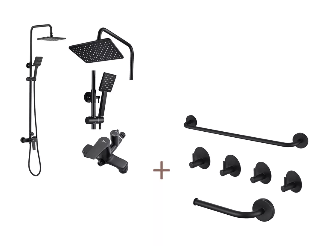 Auralum max Colonne de douche mécanique Interrupteur à poignée,Noir+Ensemble Salle Bain Accessoire 6 Pièces,Auto-adhésif/percer,Inox,Noir