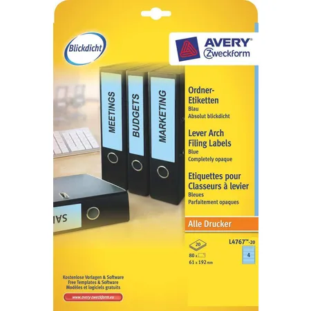 Avery Zweckform L4767-20 Ordnerrücken Etiketten A4, mit ultragrip, 61 x 192 mm, breit/kurz, 20 Bogen/80 Etiketten, blau