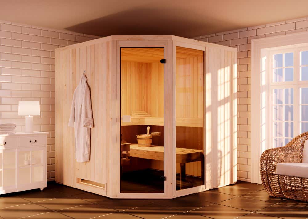 FinnTherm Family Indoor Sauna met 2 houten banken, saunacabine met 40 mm wanddikte, stoomsauna inclusief montagemateriaal, natuurlijke afwerking, 1,9 x 1,9 m