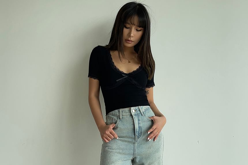 Colada - Hoge taille jeans met rechte pijpen en strass steentjes