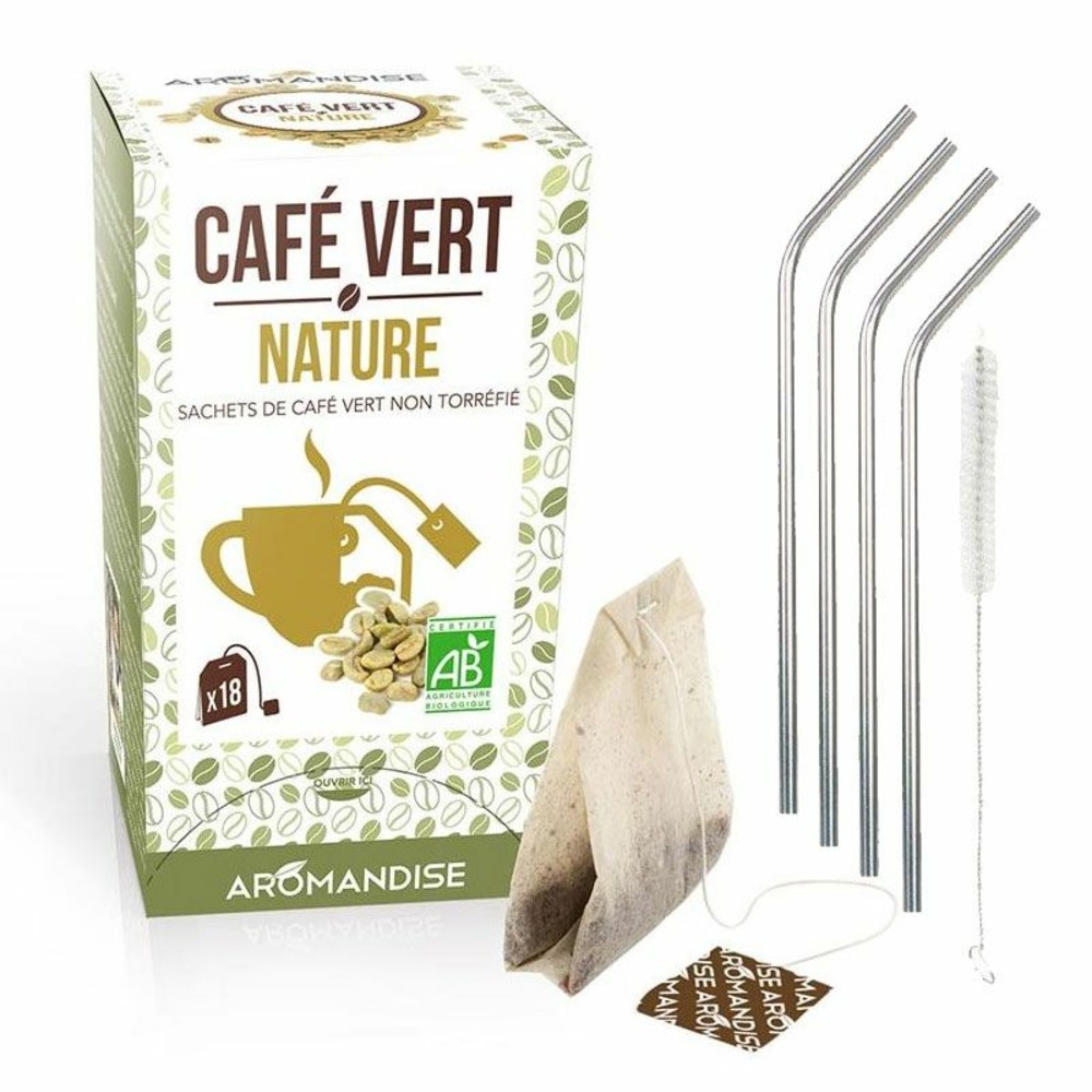 Café vert nature 18 sachets + 4 pailles en inox