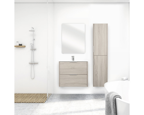 Badkamermeubelset Differnz Bolo 61 x 110 x 46 cm, frontkleur licht eiken, wastafel en spiegel wit, badmeubel