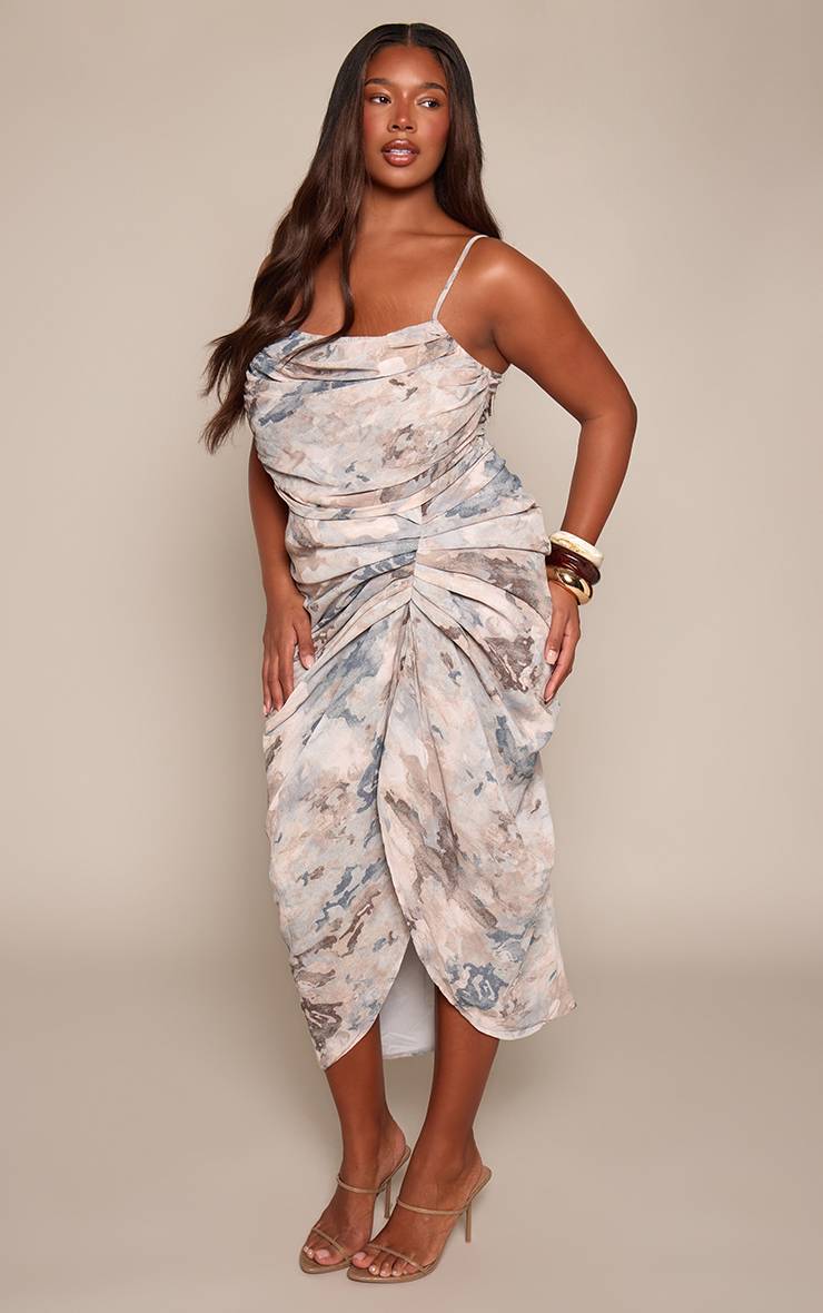 Gris Robe Midi Drapée Froncée En Mousseline Bleu Clair Grande Taille