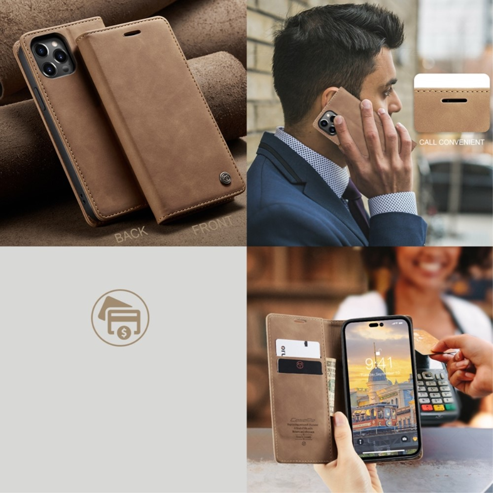 iPhone 14 Pro Max Leder Tasche Flip Wallet Etui mit Kartenfächern - Hellbraun