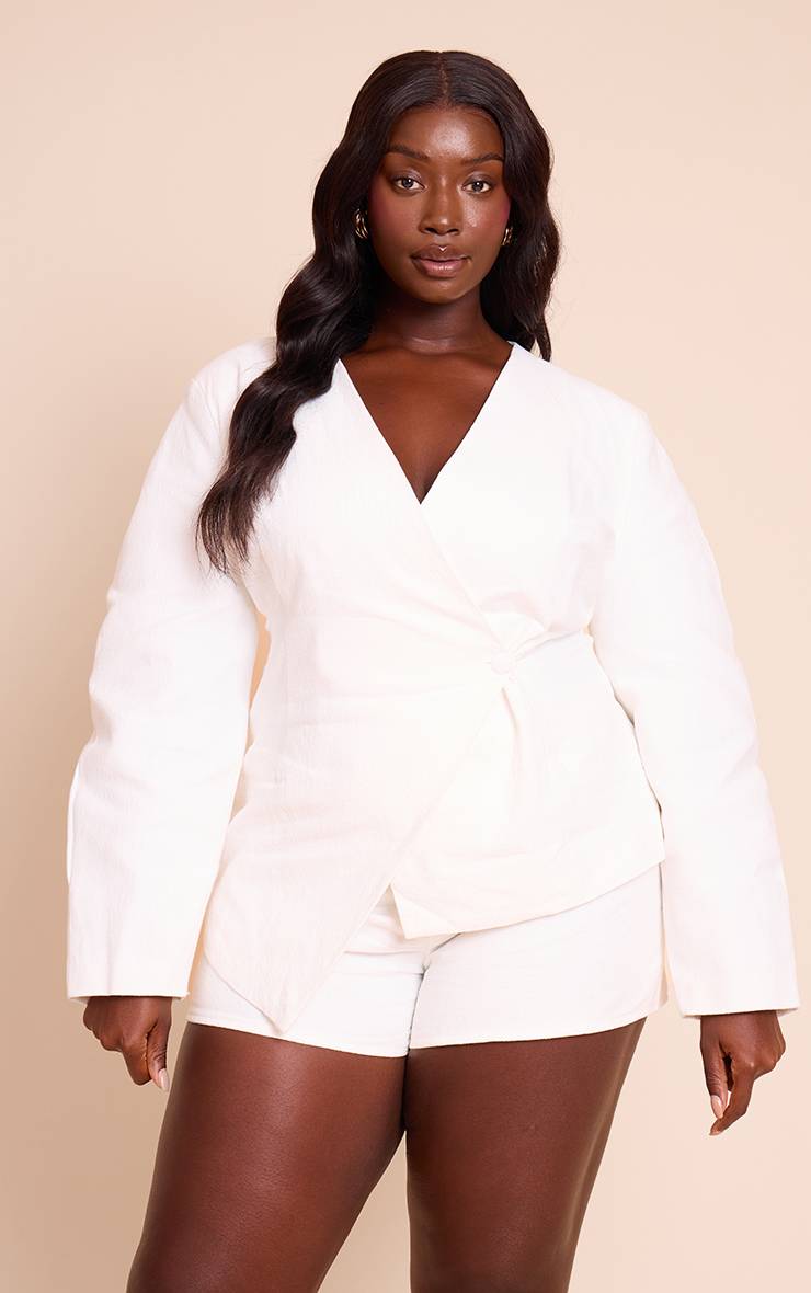Blanc Blazer Coordonné Grande Taille En Lin Premium Ajusté À Manches Cocon Et Taille Cintrée