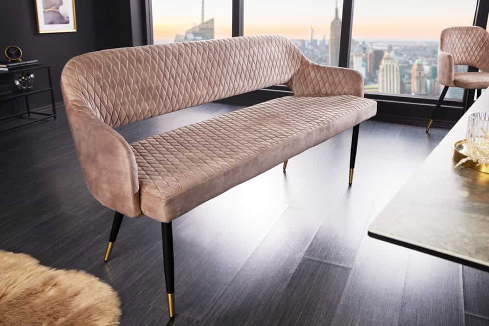 Design Sitzbank PARIS 160cm greige Samt Rückenlehne goldene Fußkappen Retro