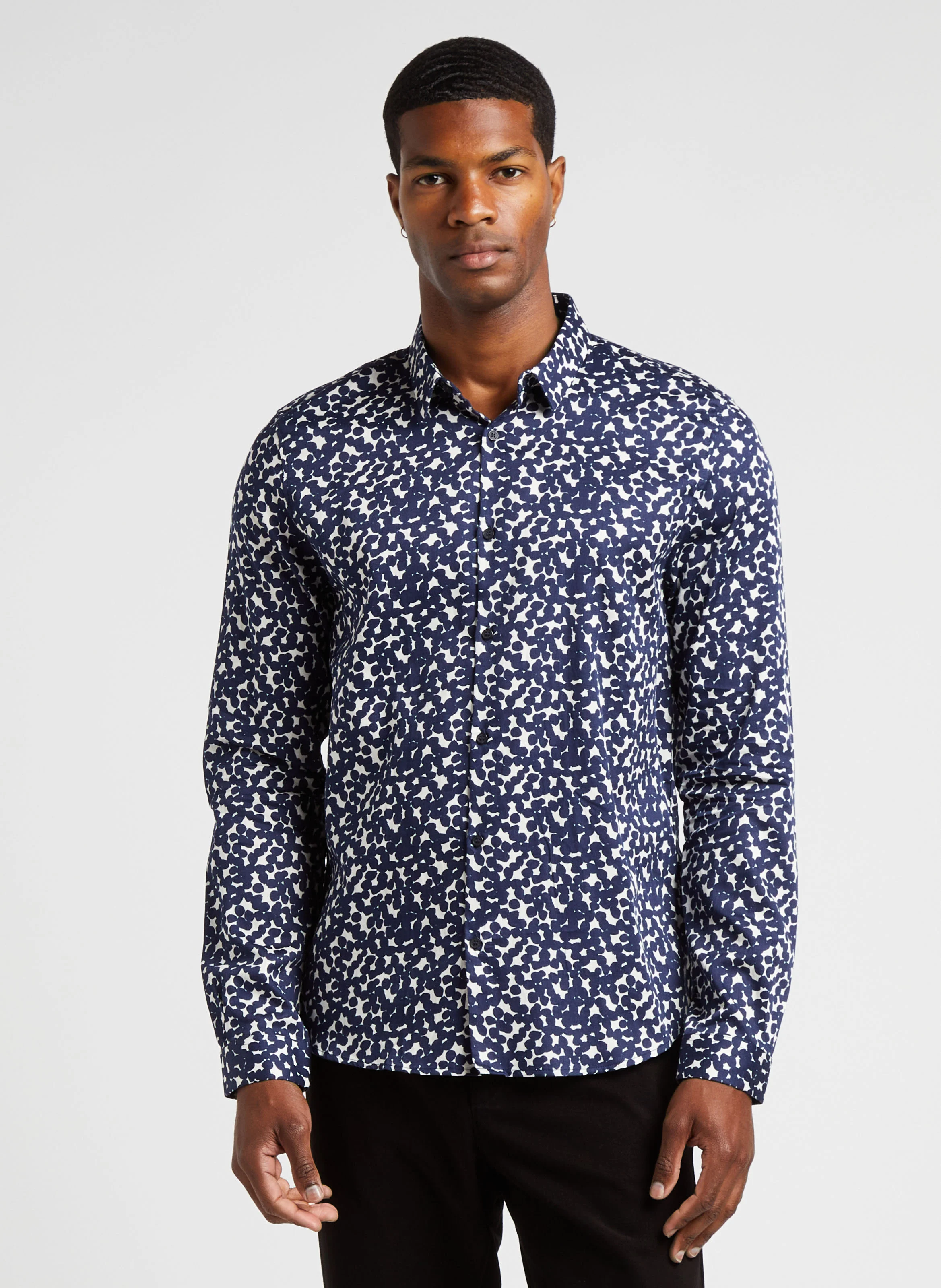 Chemise slim-fit col classique en coton imprimée | Bleu