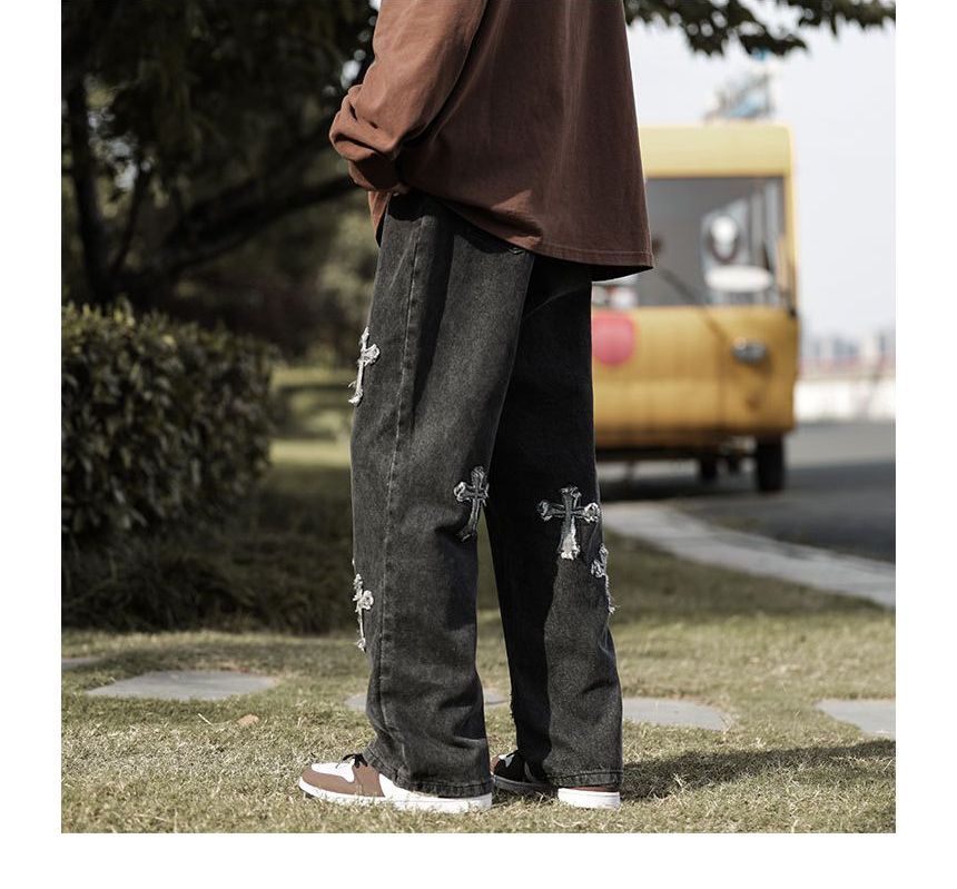 DuckleBeam - Mid Rise Cross Applique Washed Straight Leg Jeans
