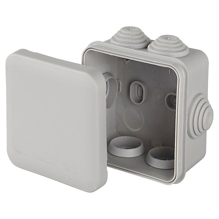 Boîte de dérivation carrée extérieure avec 7 passe-câbles et système de verrouillage 65 x 65 x 45 mm IP55 Schneider Electric Mureva gris