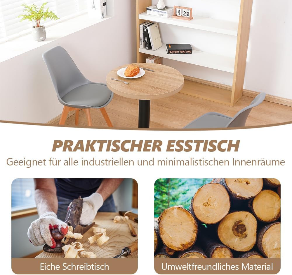 Mingone Esstisch Rund 60cm Küchentisch Klein Esszimmertisch mit Holzplatte Runder Tisch Eiche-Optik mit Metallbein für Wohnzimmer Balkon Esszimmer
