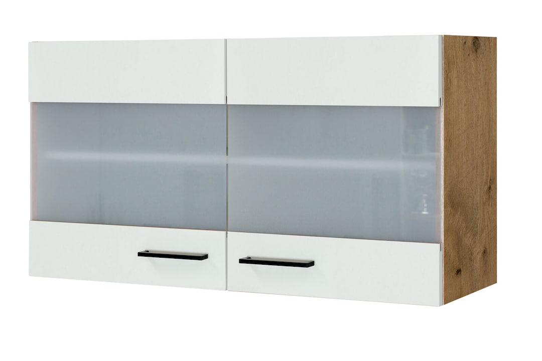 Küchen Glas-Hängeschrank AVILA 100 cm Eiche /weiß matt