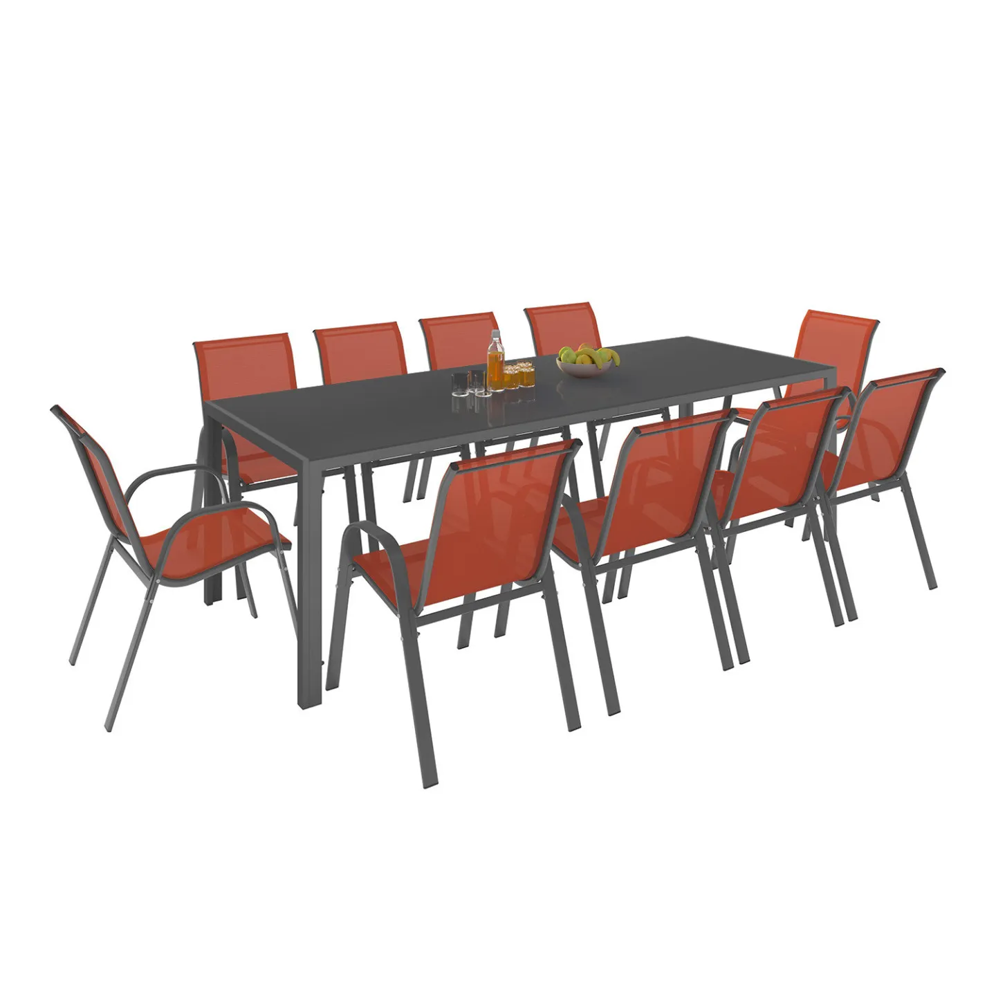 Salon de jardin MADRID table 240 CM et 10 chaises empilables terracotta
