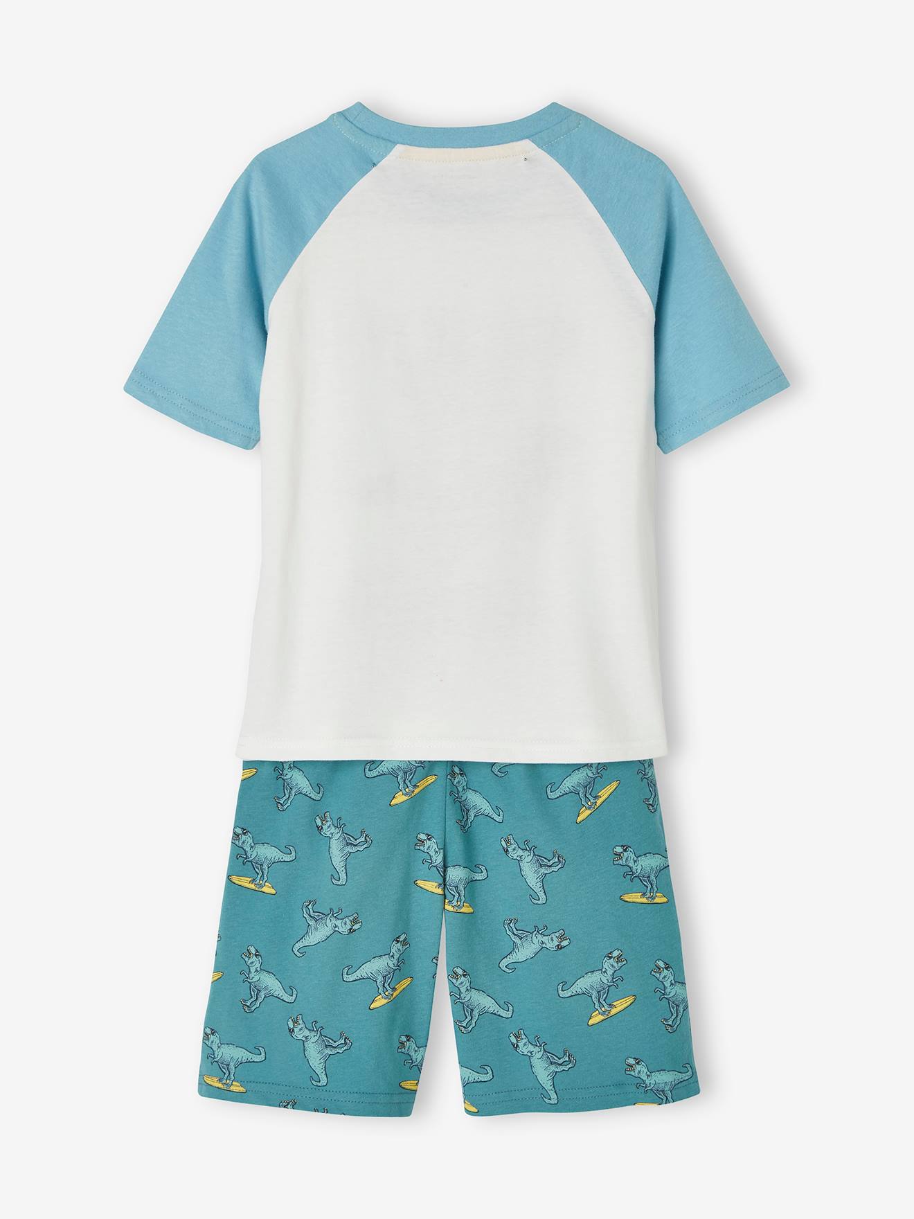 Pijama infantil masculino com estampa de dinossauro surfista e shorts - Azul-petróleo