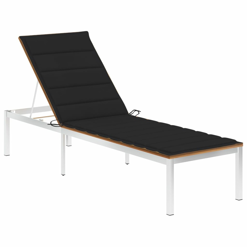 Transat chaise longue bain de soleil lit de jardin terrasse meuble d'extérieur avec coussin bois d'acacia et acier inoxydable