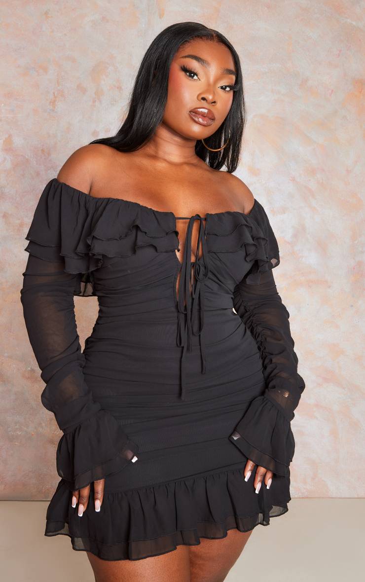 Noir Robe Droite Bardot Grande Taille À Détail Volant