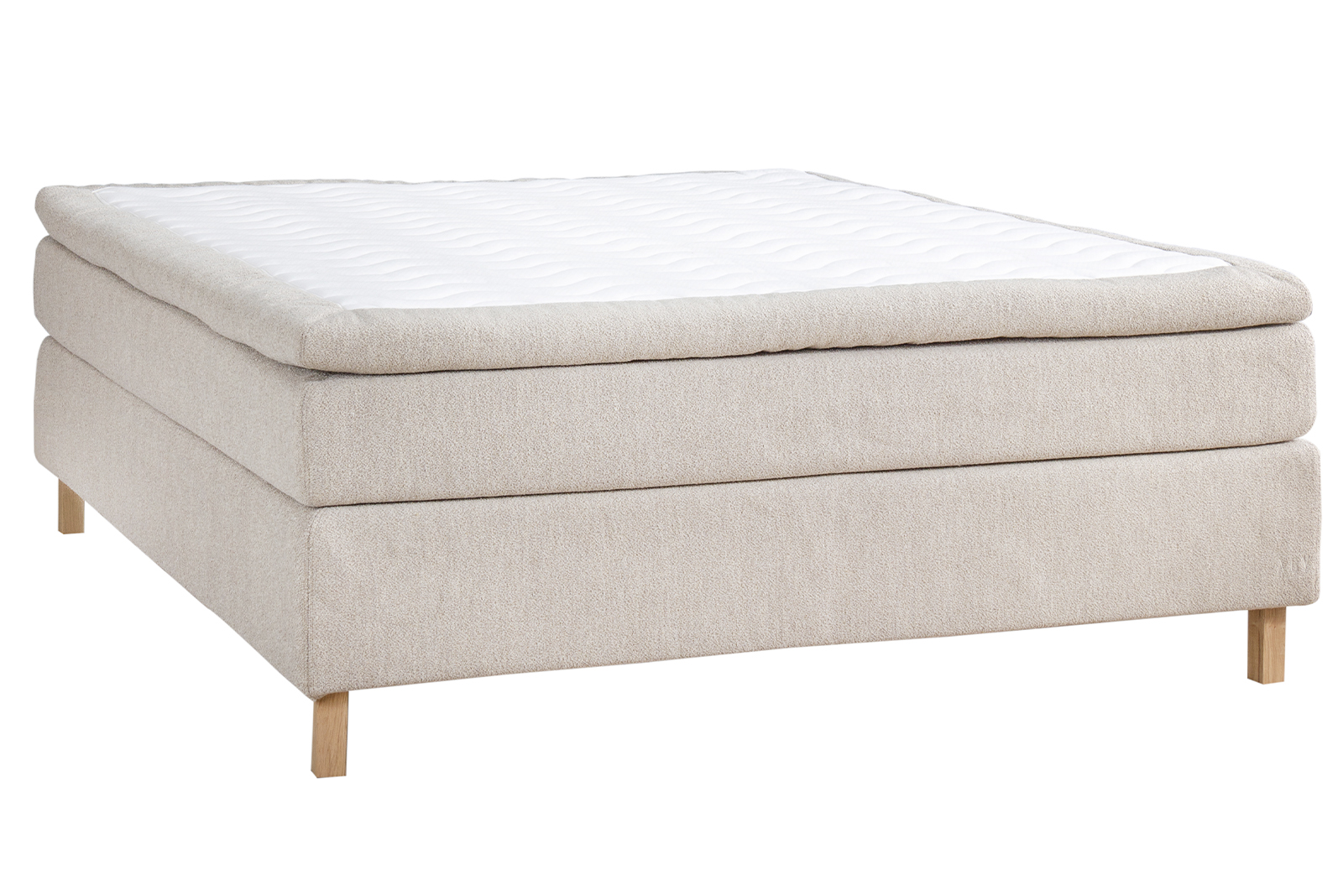 Premium LUX 100 kontinentalseng 180x200 cm i tekstil Bris 05 beige med medium/fast fasthet, Premium LUX 100 overmadrass med tekstilkant og firkantet ben i  hvitoljet eik 15 cm