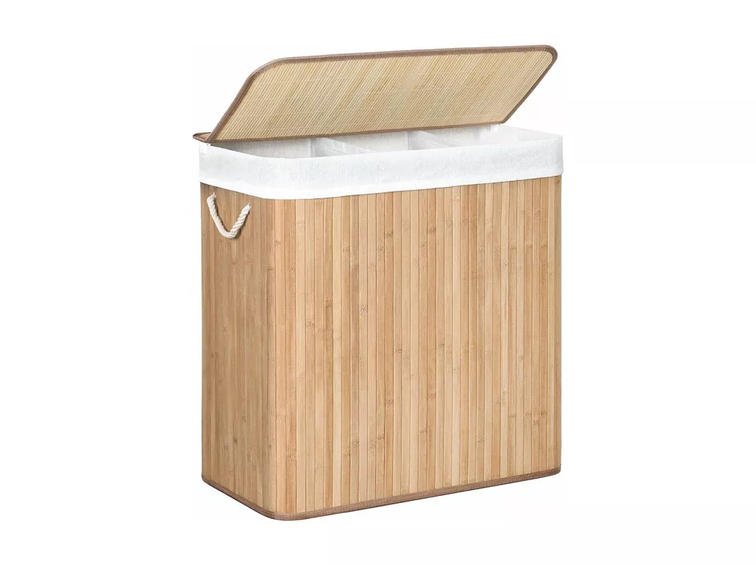 Panier à Linge en Bambou 3 Compartiments avec Couvercle et Poignées, 150L - L60 x H61,5 cm