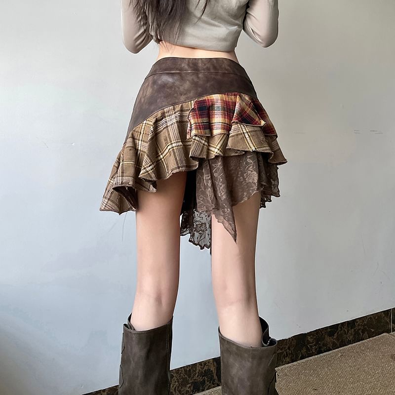 Honey River - Mini A-lijn rok met hoge taille en patchwork ruit
