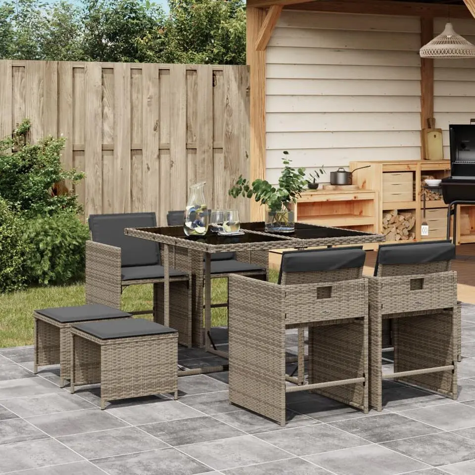vidaXL - 9-delige Tuinset met kussens 4 krukken - Grijs - PE rattan - 110x106 cm