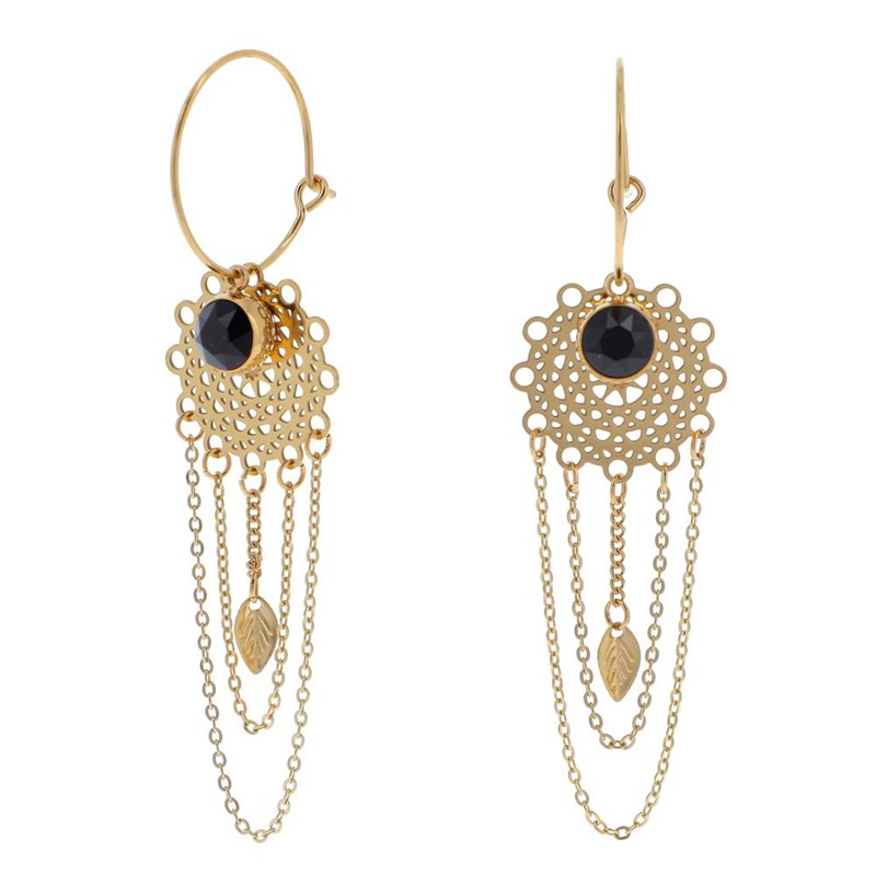 Boucles d'oreilles pendantes en acier dorées avec chaîne orné d'une pierre de crytal noire