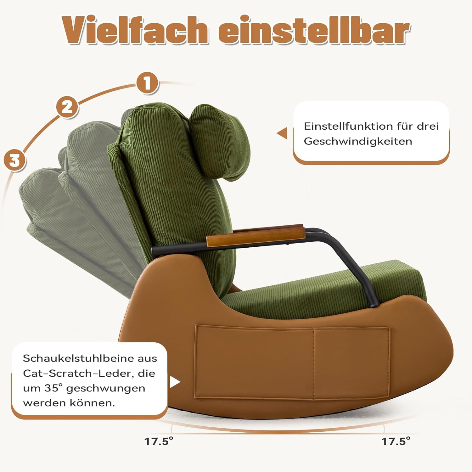 AVAWING Schaukelstuhl mit Klappbarer Rückenlehne,Schaukelsessel mit Kordober Holz und PU,Rocking Chair Schwingsessel für Wohnzimmer,Schlafzimmer,Beige-grün